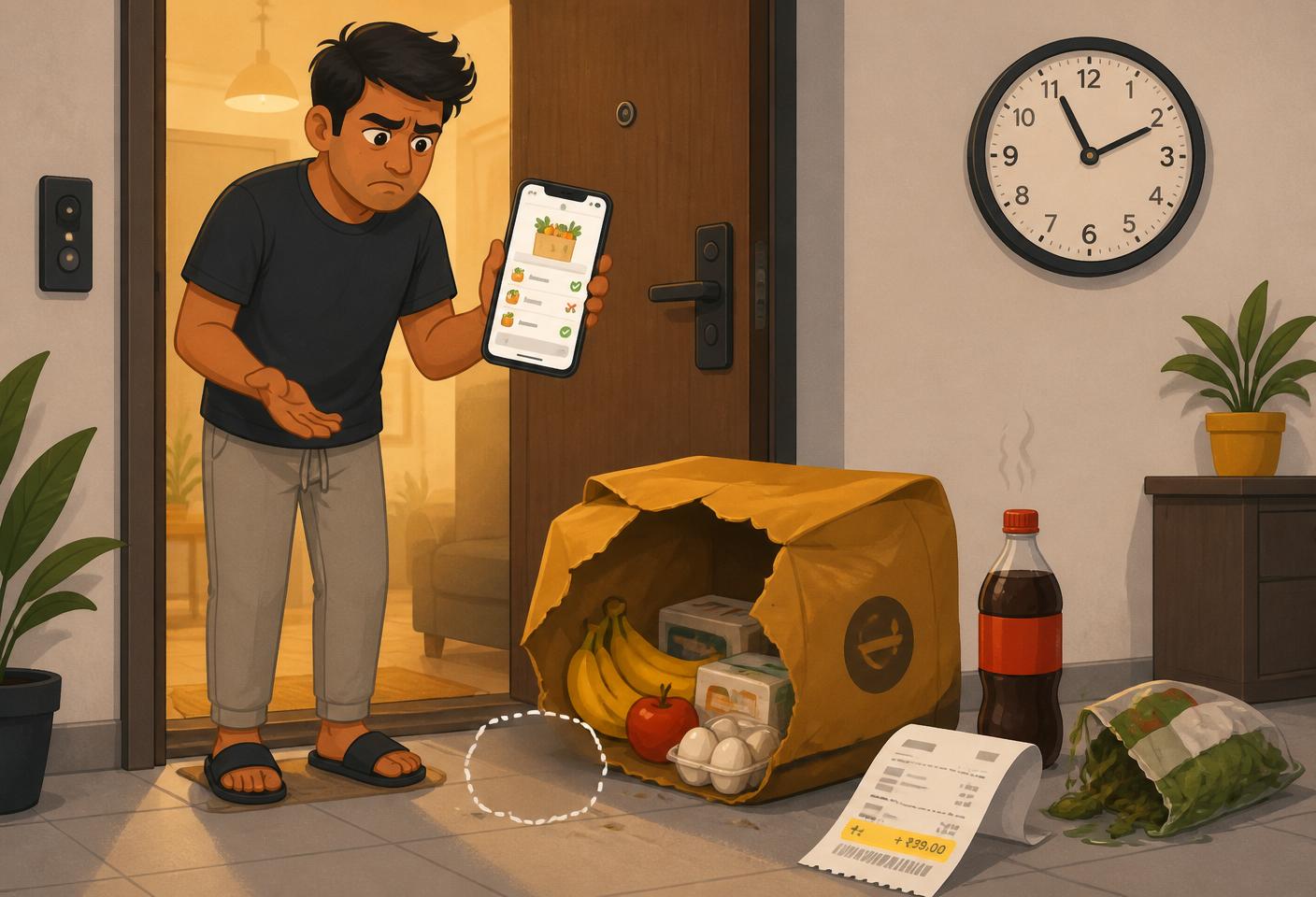Illustration of a customer at their doorway holding a phone with a delivery order, beside a torn grocery bag with a missing item, a warm soft drink and a receipt with extra fees